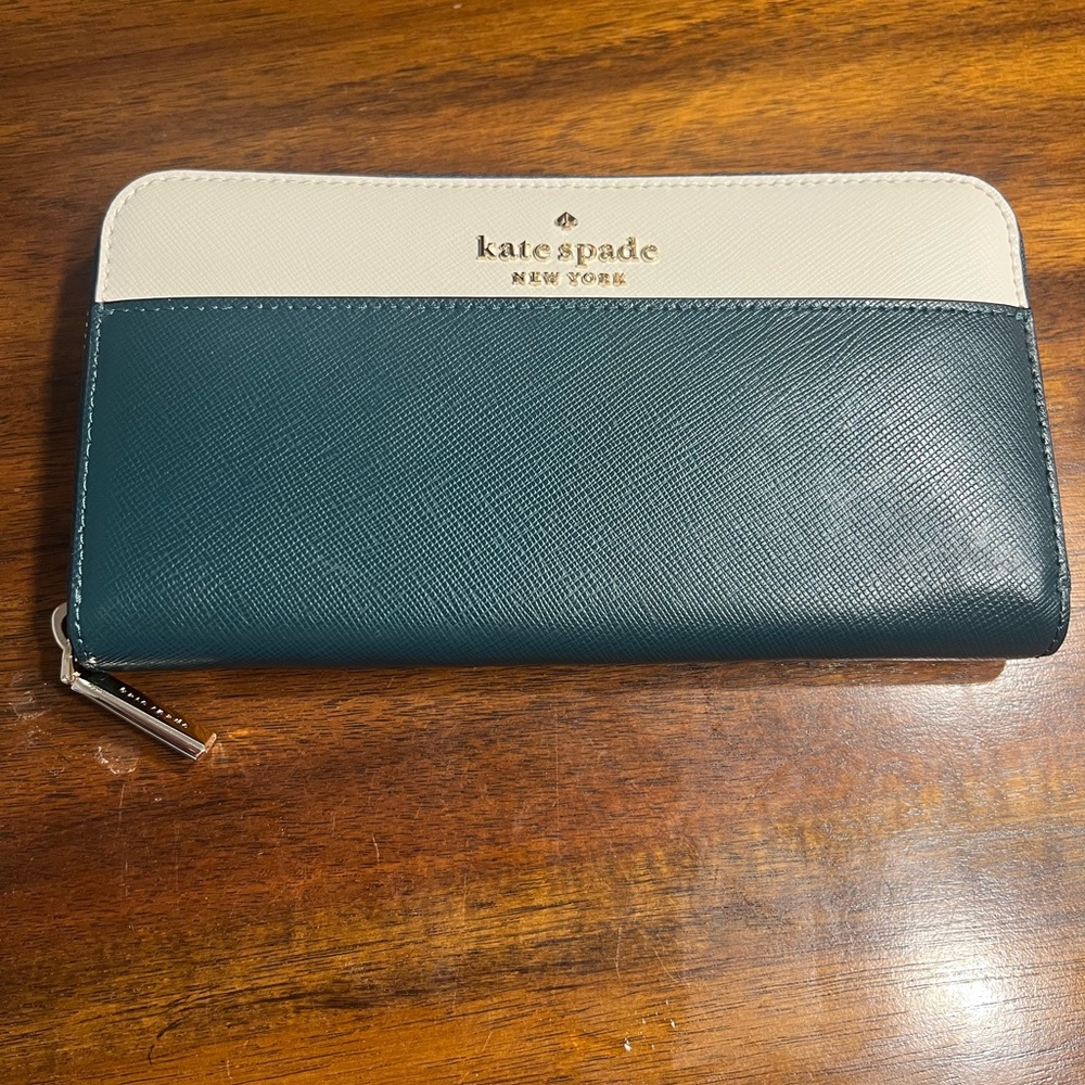 Kate Spade Teal and Cream Large Continental Zip Wallet